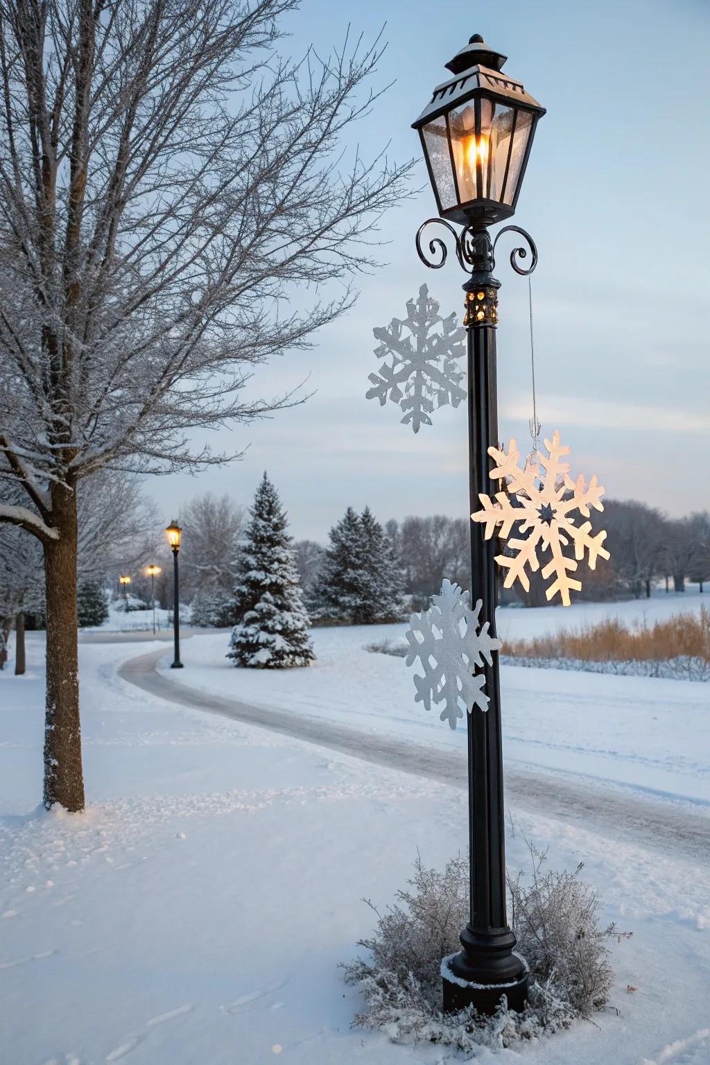 DIY snowflakes create a winter wonderland surrounding a lamp post.