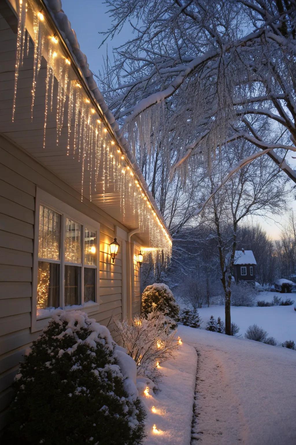 Icicle lights adding a touch of elegance to a home's exterior.