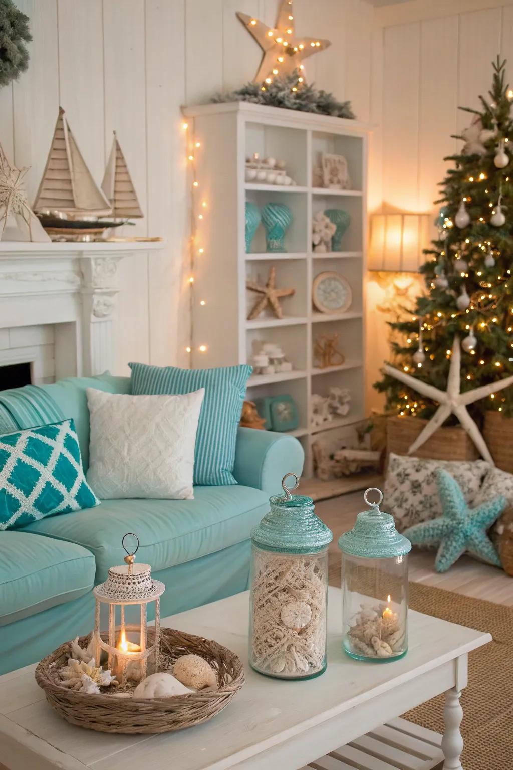 A coastal Christmas with beach-inspired decorations.