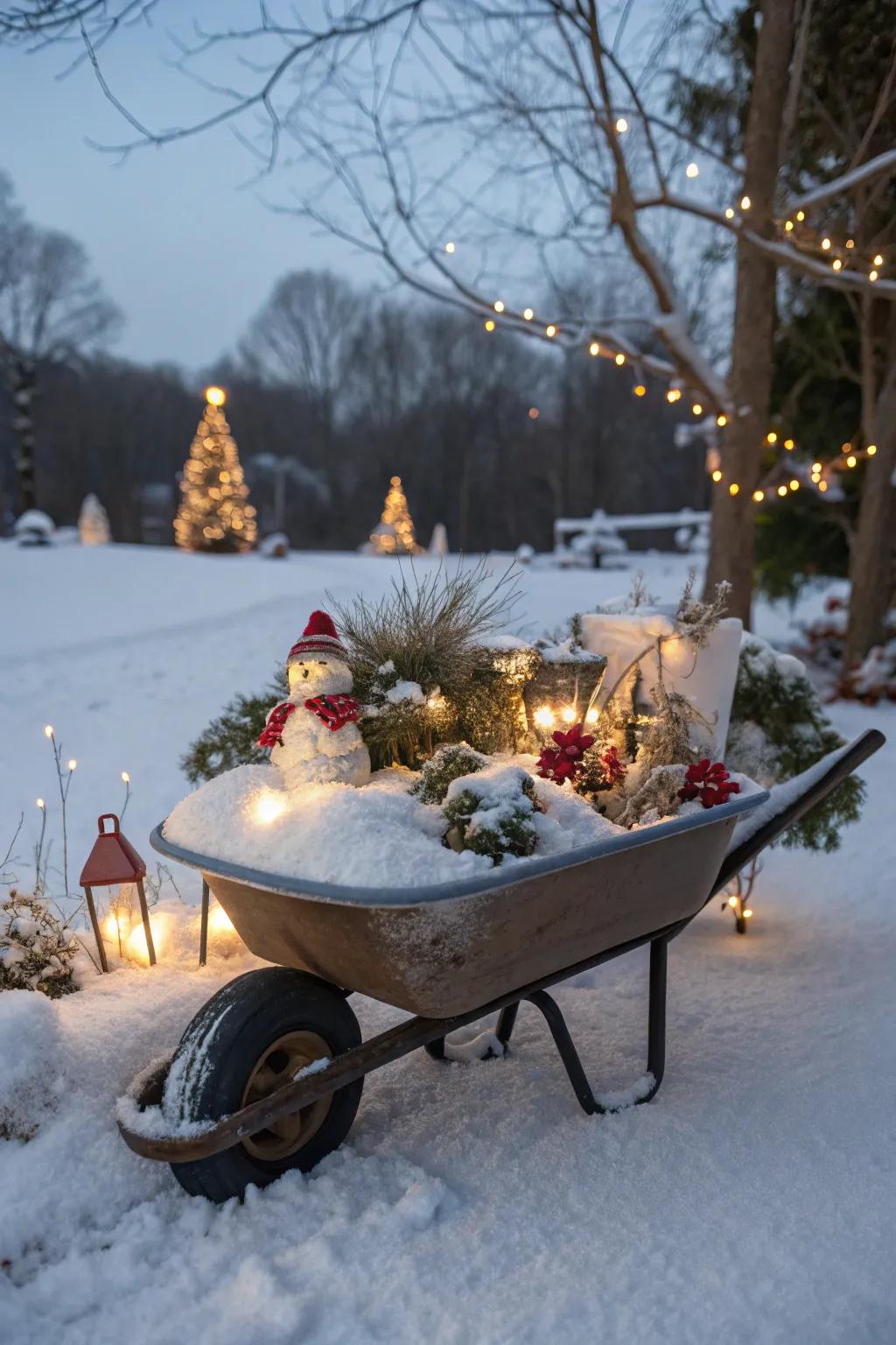 A magical winter wonderland crafted in a wheelbarrow.