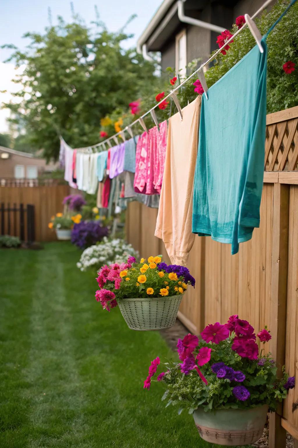 Enhance your clothesline with beautiful hanging flower baskets.