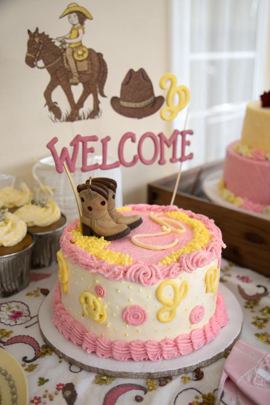 A personalized welcome inscription renders this cowgirl cake remarkably special, celebrating the joyous occasion with a heartfelt touch.