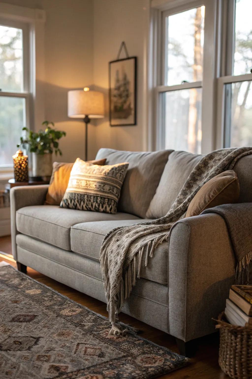 Arranging with throws generates a snug and welcoming sofa configuration.