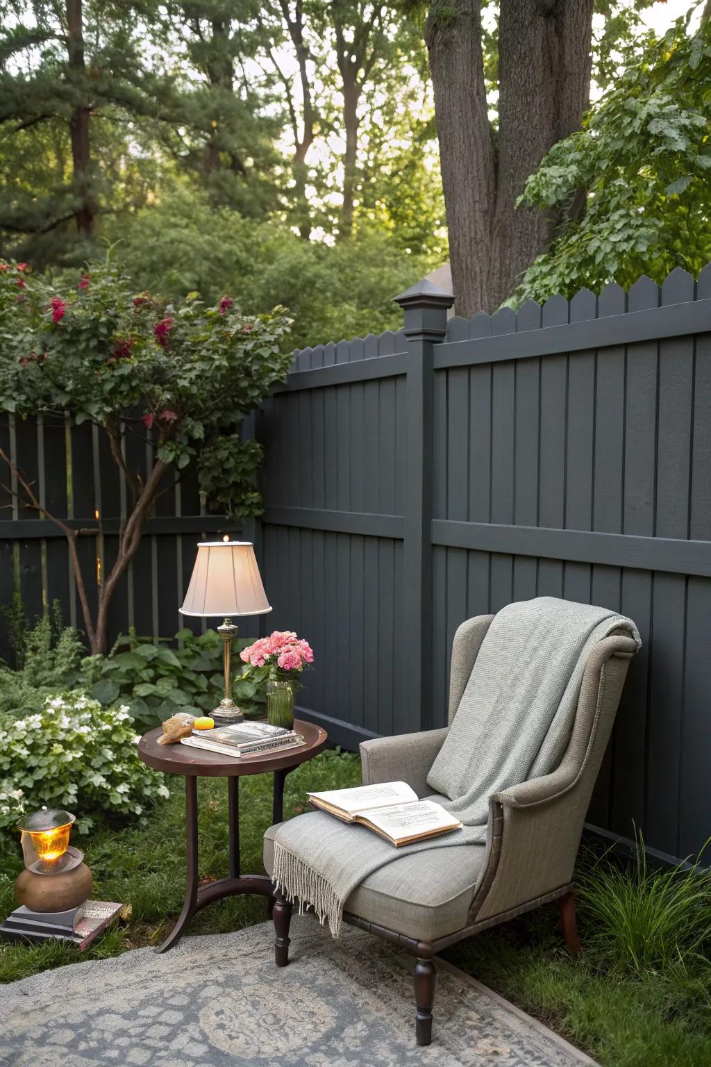 A cozy reading space with a deep charcoal barrier as a serene backdrop.
