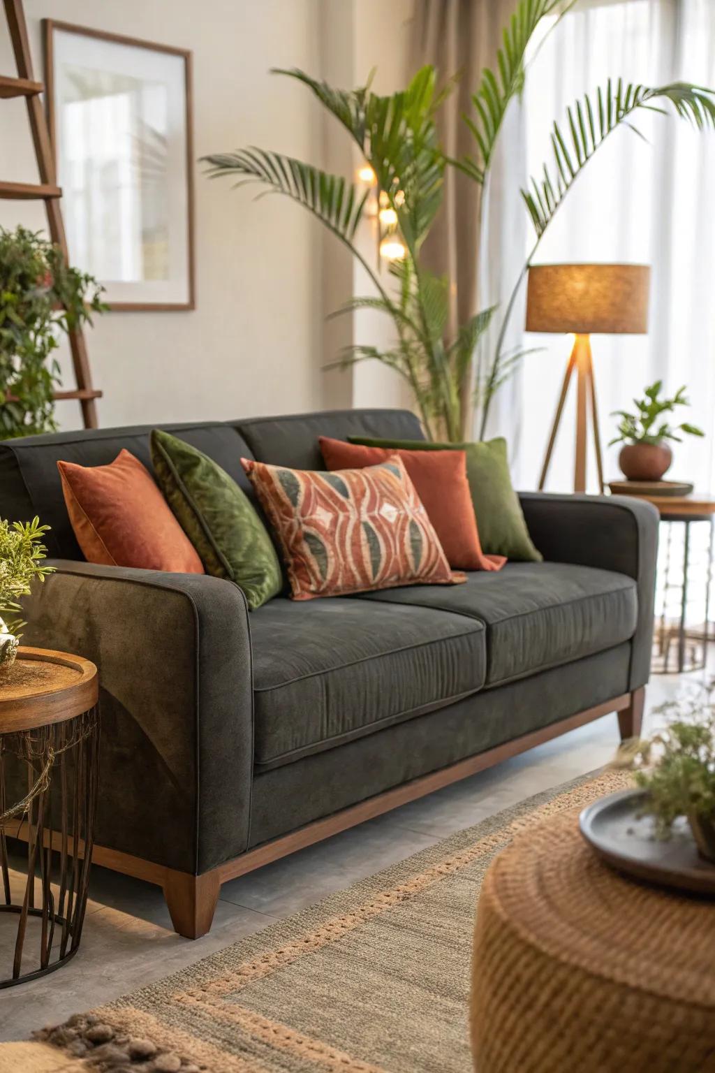 Earthy tones offer grounding warmth to a dark grey sofa.