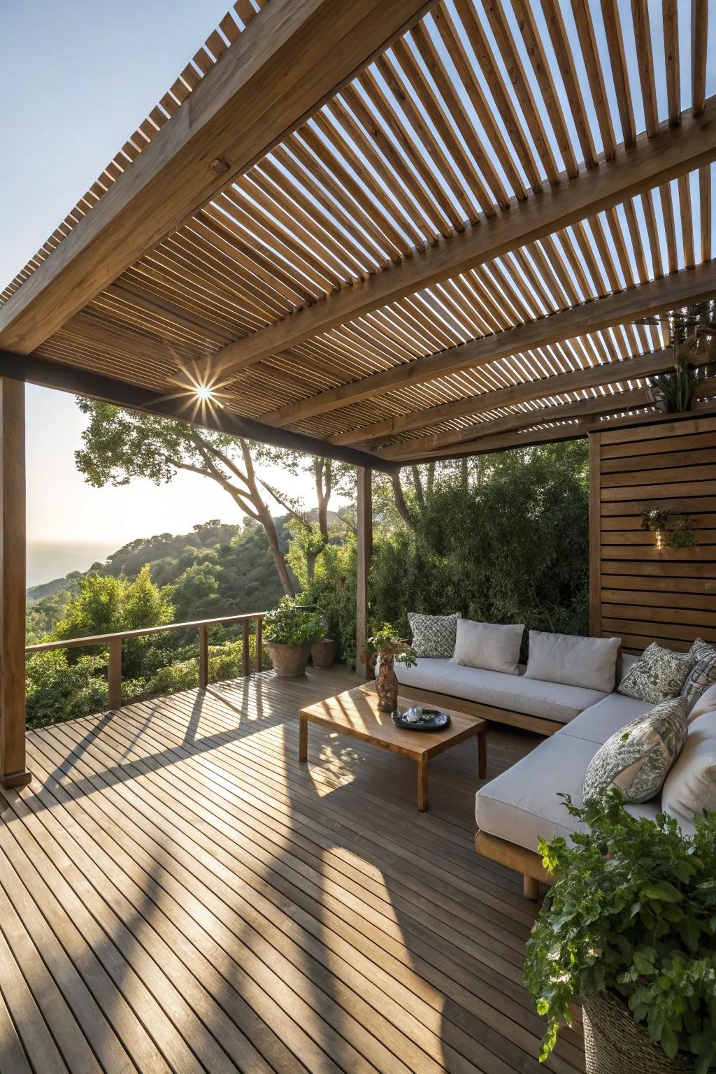 Timber slats present a cozy, rustic shading solution for decks.