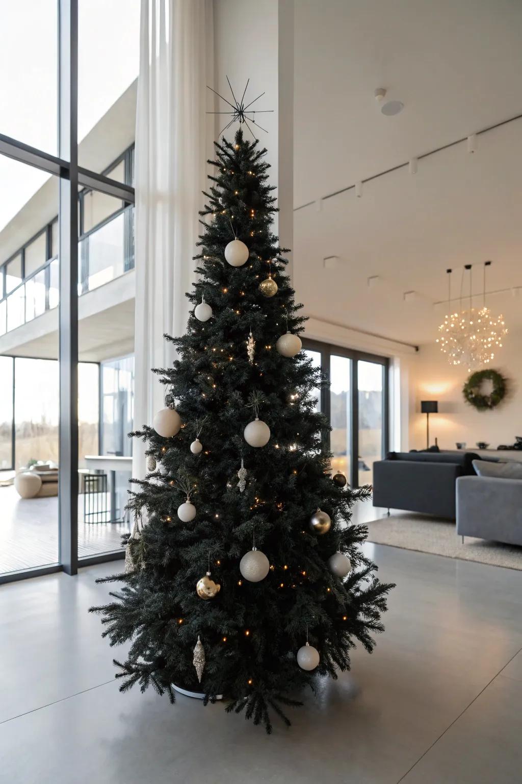 A minimalist ebony Christmas tree showcasing simple decorations.