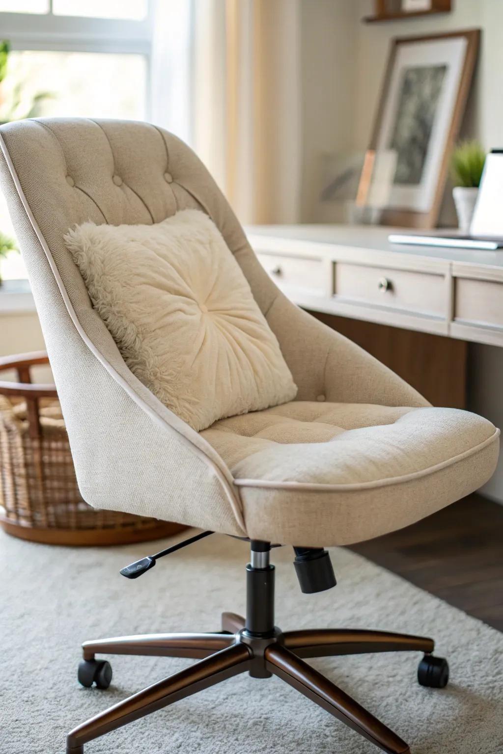 A plush cushion enhancing the seating experience at a desk.