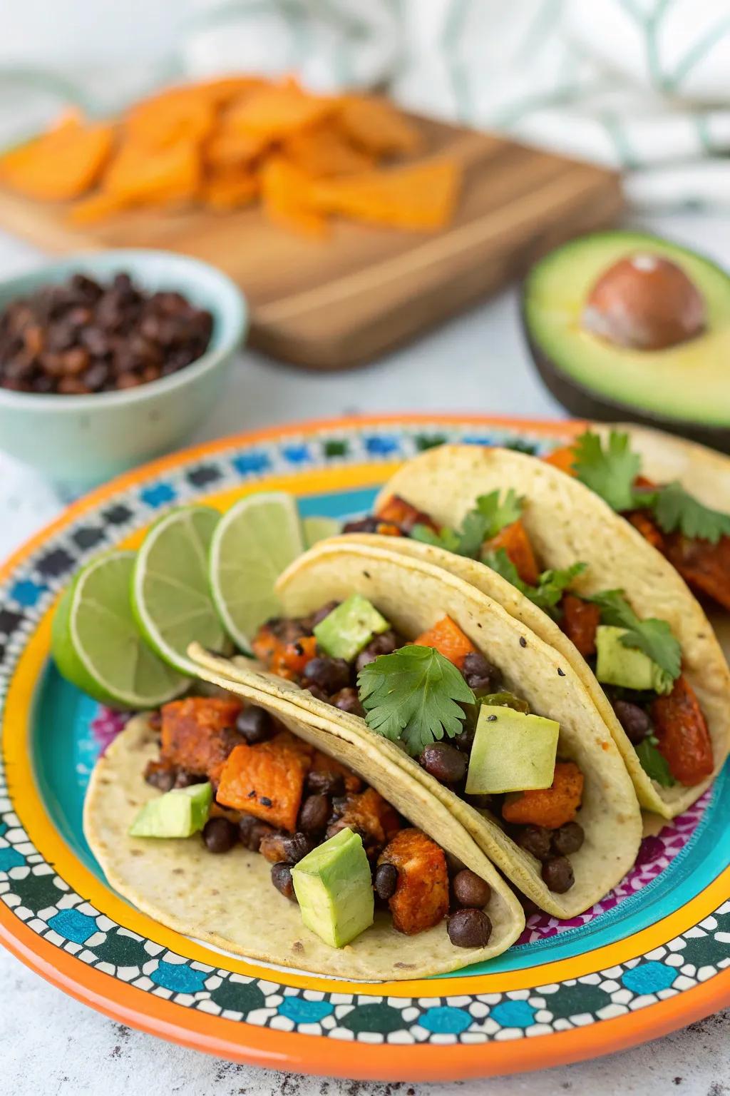 Sweet potato and black bean tacos, topped with avocado and lime for a refreshing taste.