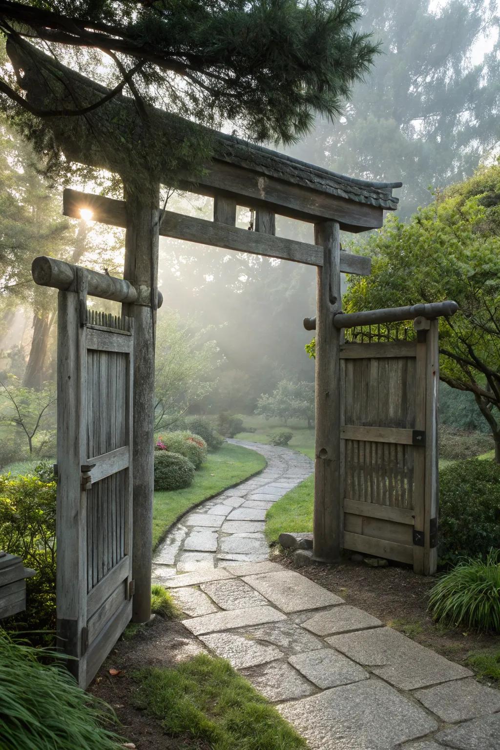 A Zen-inspired gate offers a peaceful entry to your garden.