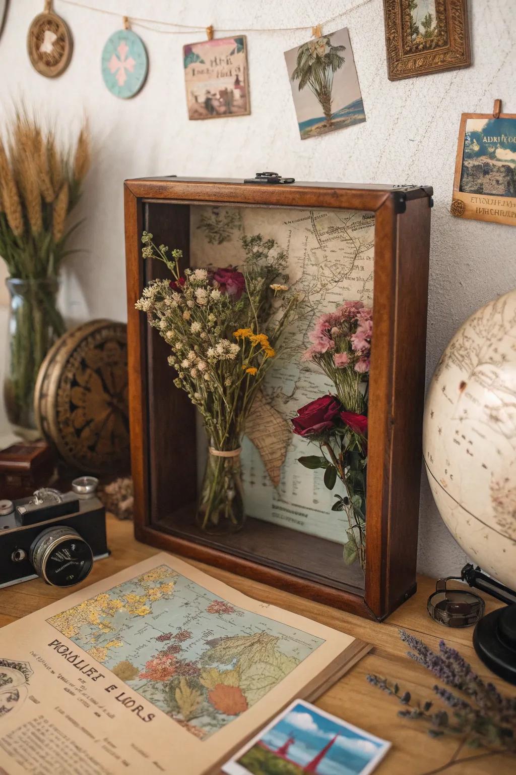 Relive your adventures with a travel-themed dried flower display case.