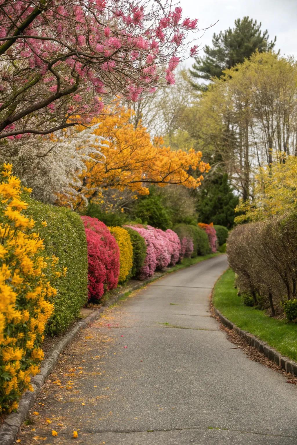 Hedges with periodic infusions, contributing pigment to a driveway across the year.