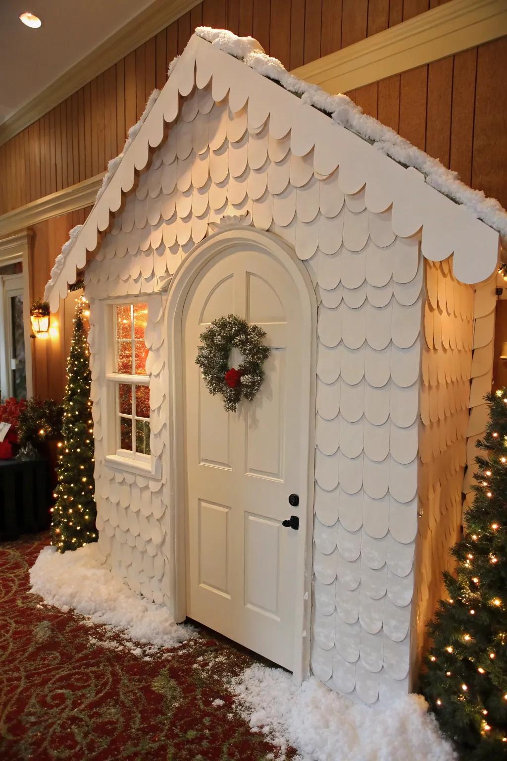 A scalloped roof effect imparts an exquisite snowy accent to the doorway.