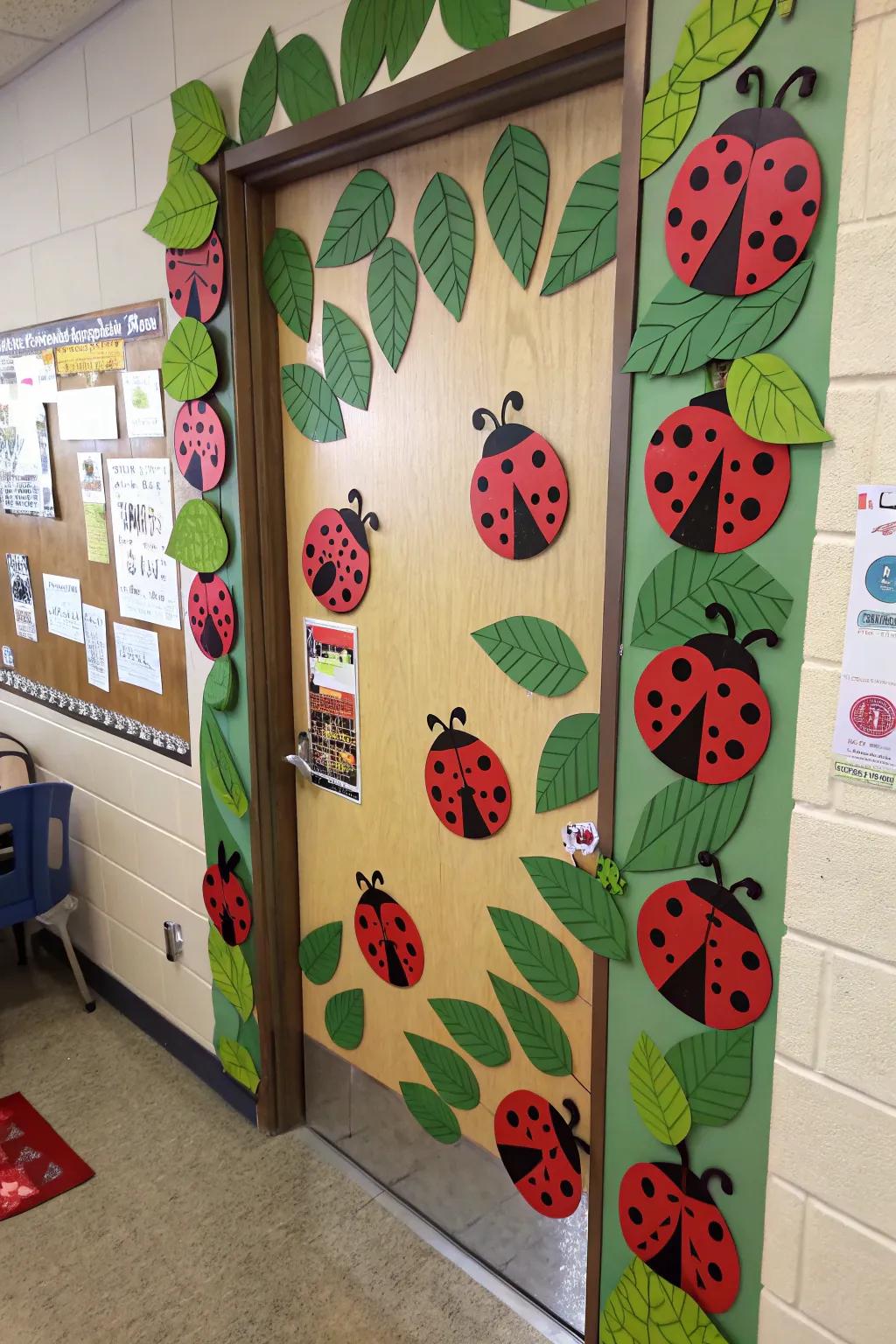 A classroom door dotted with cheerful ladybugs, bringing a touch of whimsy and fun.