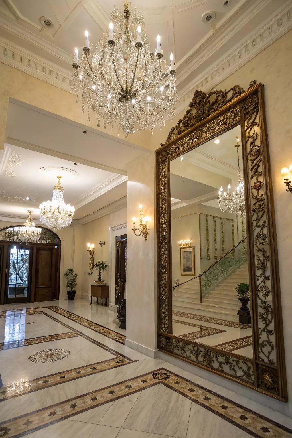 A reflective decor enhances the light in this chic foyer.
