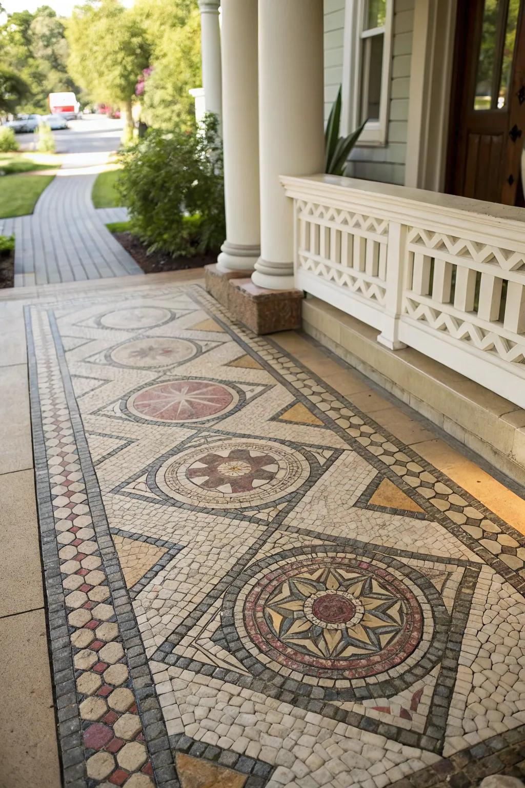 An artistic stone mosaic injecting distinctive flair into the porch surface.