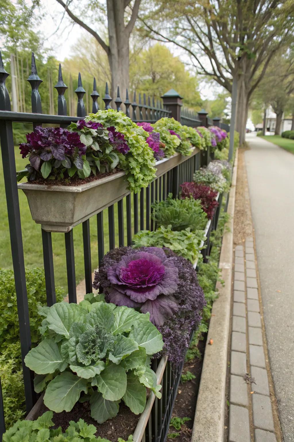 Seasonal flora in planters contributes a hint of greenery to the fence.