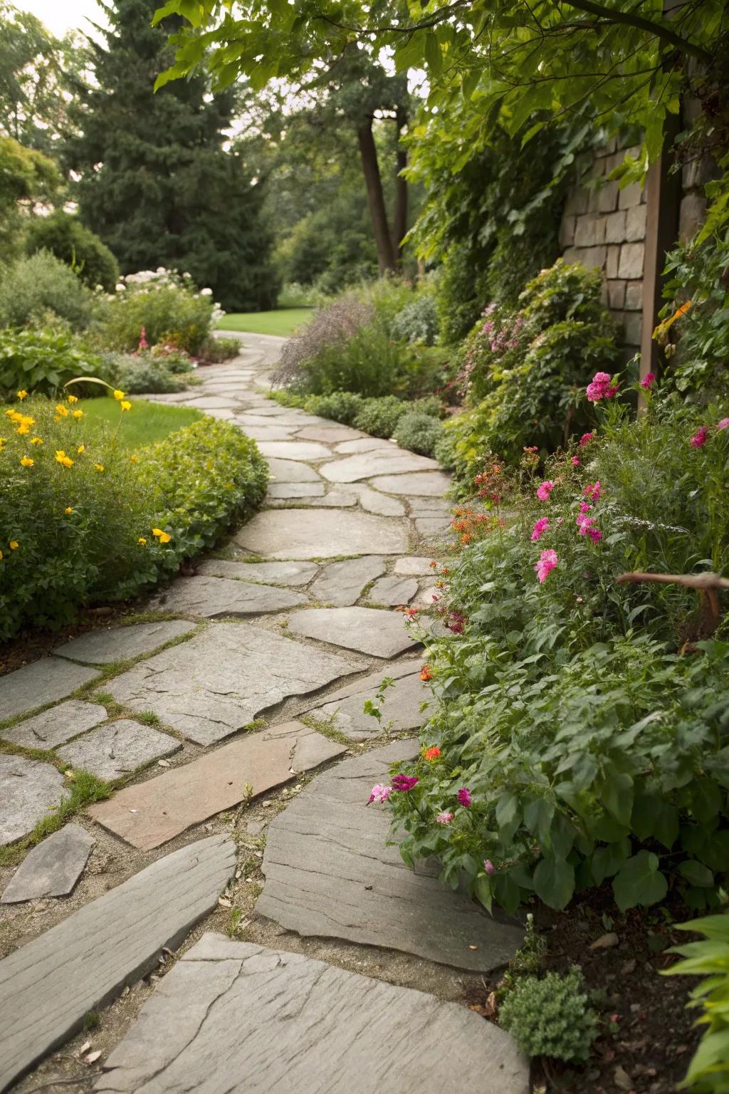 Flora tastefully merged into a cobblestone trail, injecting vibrancy and animation.