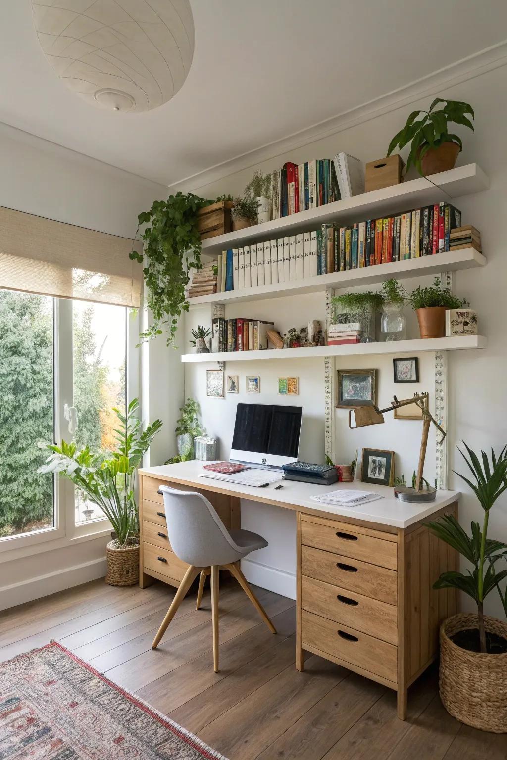 Home office streamlining with floating shelves for storage.