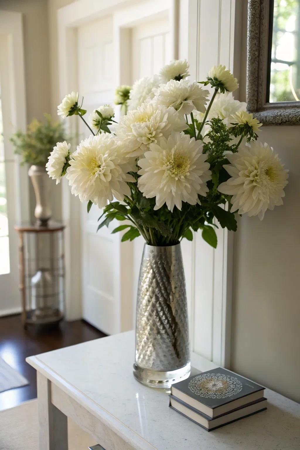 Elegant white dahlias making a statement in the entryway.