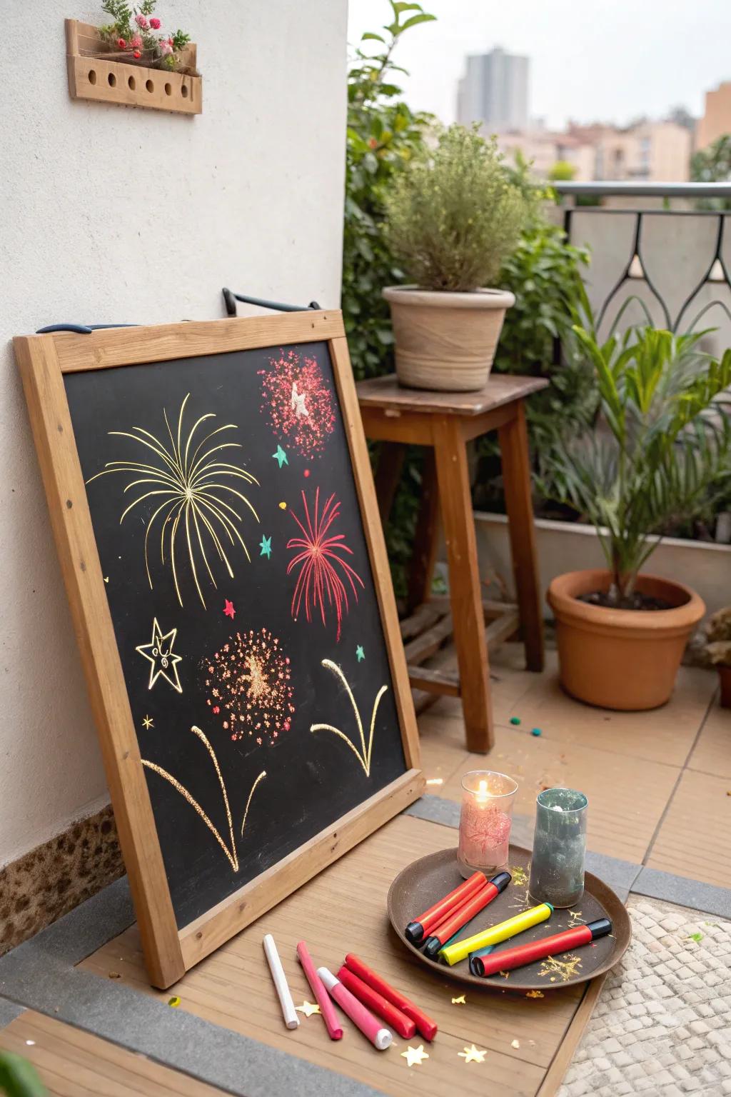 Firecrackers and sparkles add whimsy to this chalkboard art.