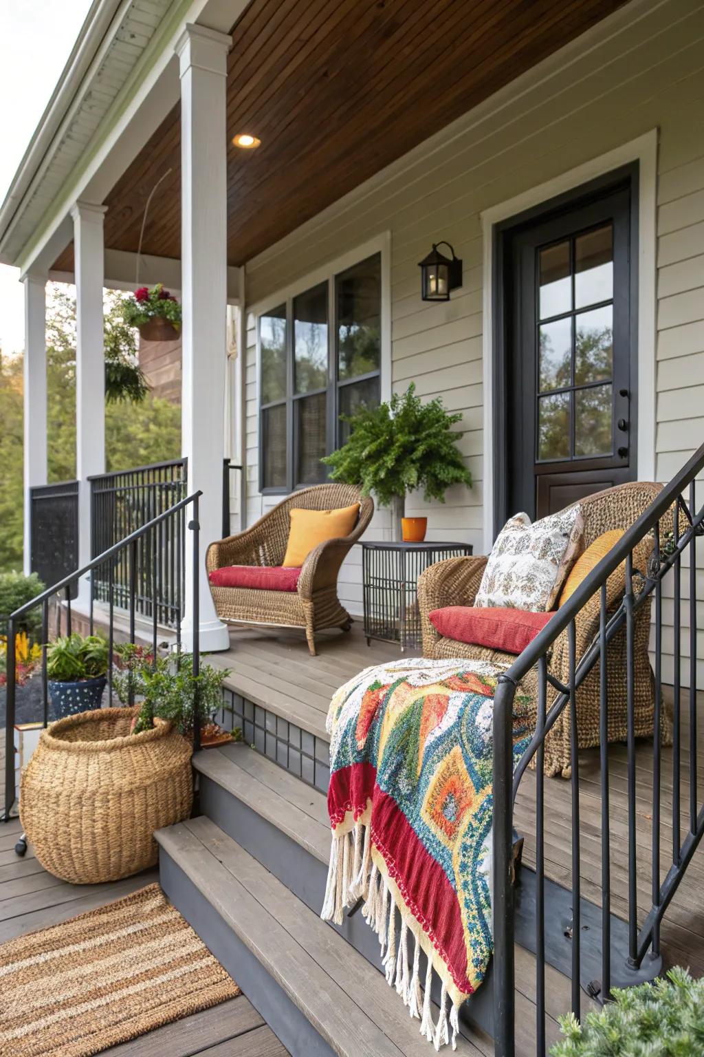 A front porch featuring mixed materials, like wicker, metal, and fabric.