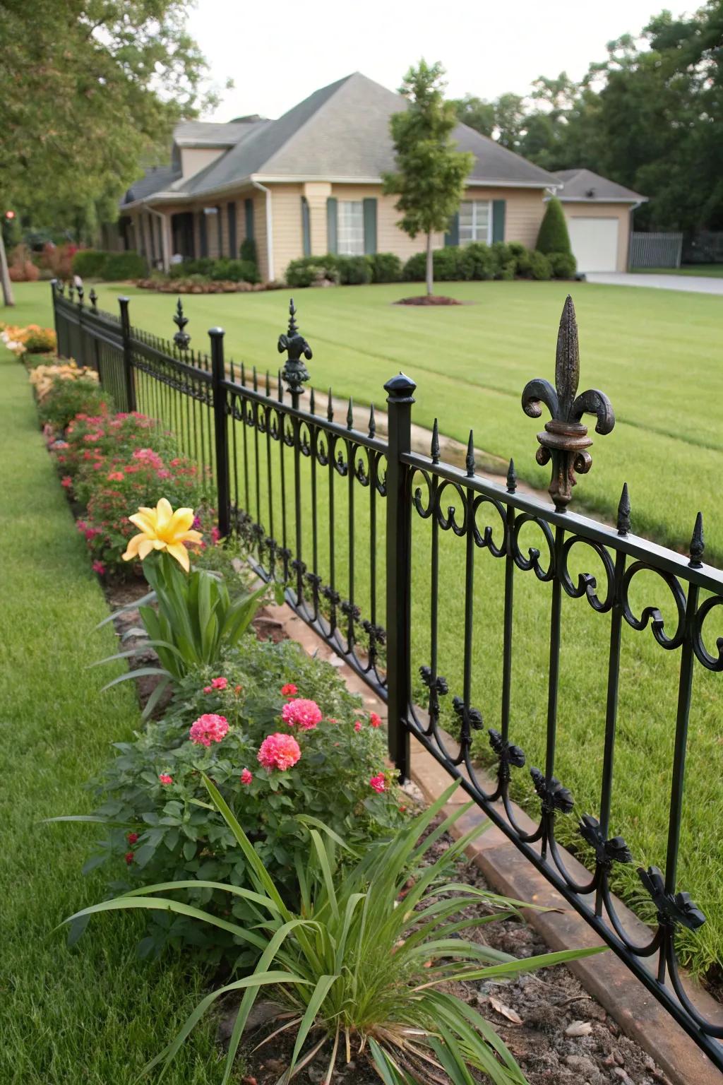 A wrought iron fence with Fleur de Lis design elements offering a royal touch.