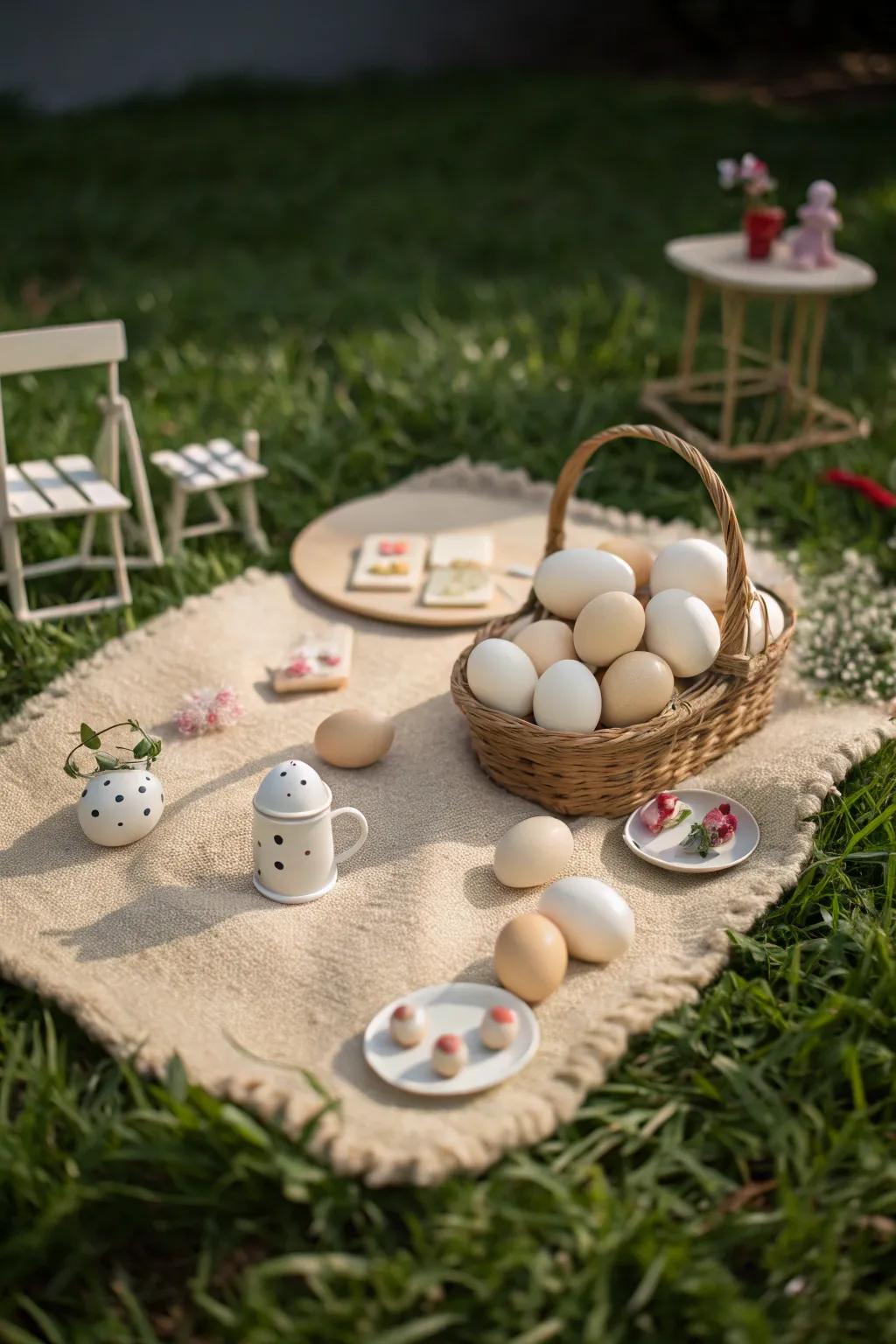 A whimsical picnic scene featuring egg characters.