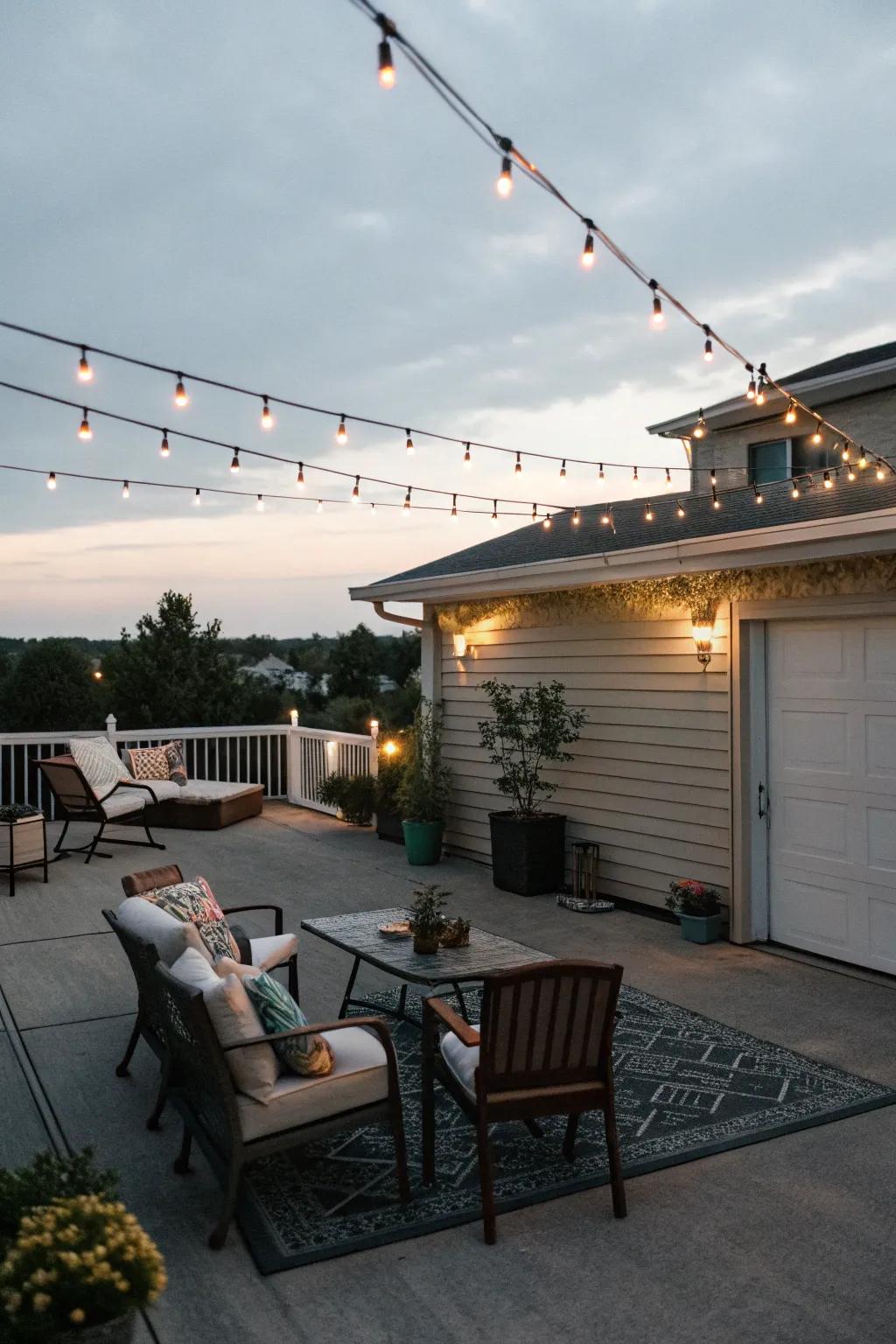 A stylish rooftop deck transforms a garage into an entertainment haven.