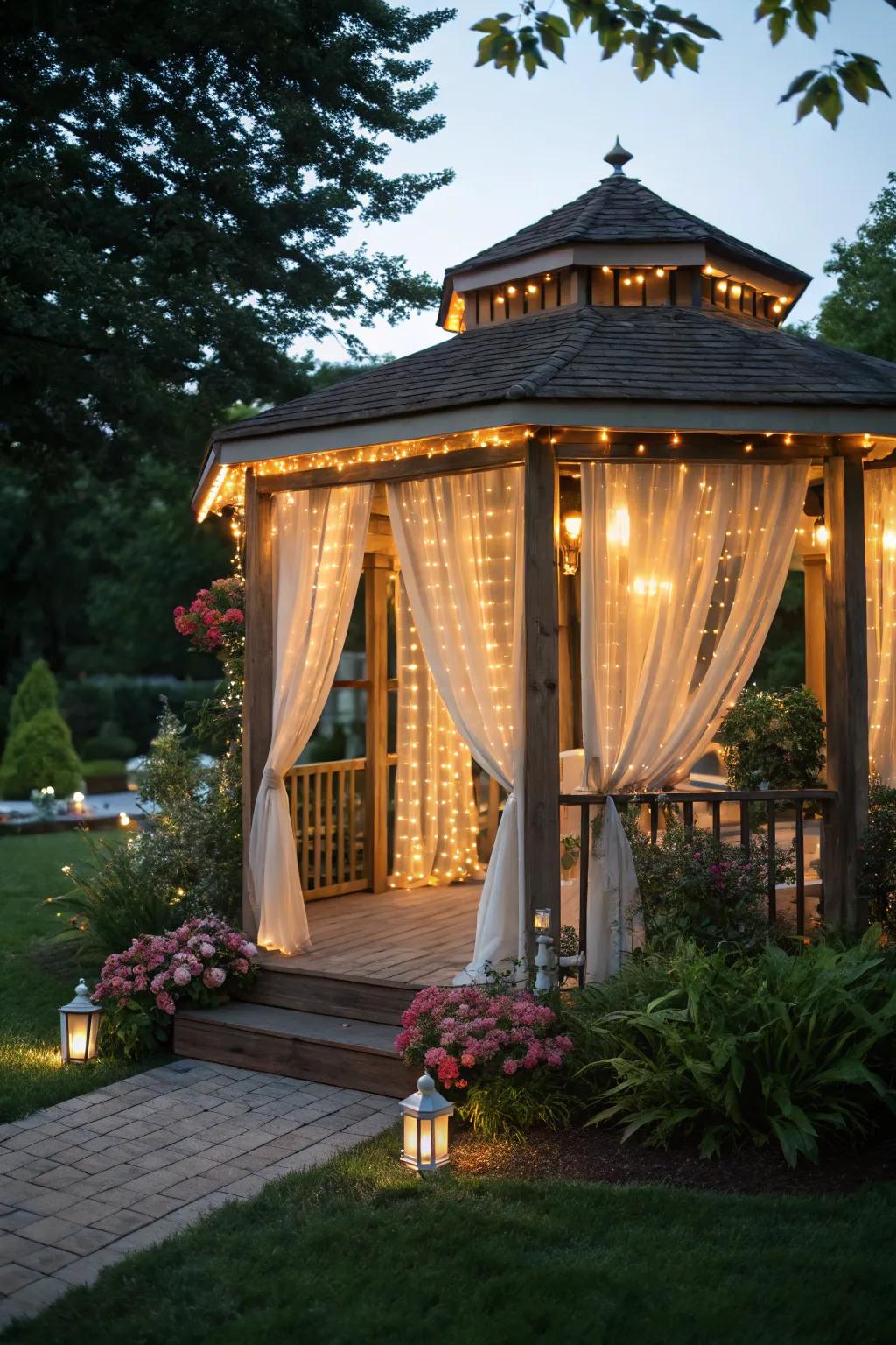 Curtain lights creating a cozy, luxurious gazebo space.