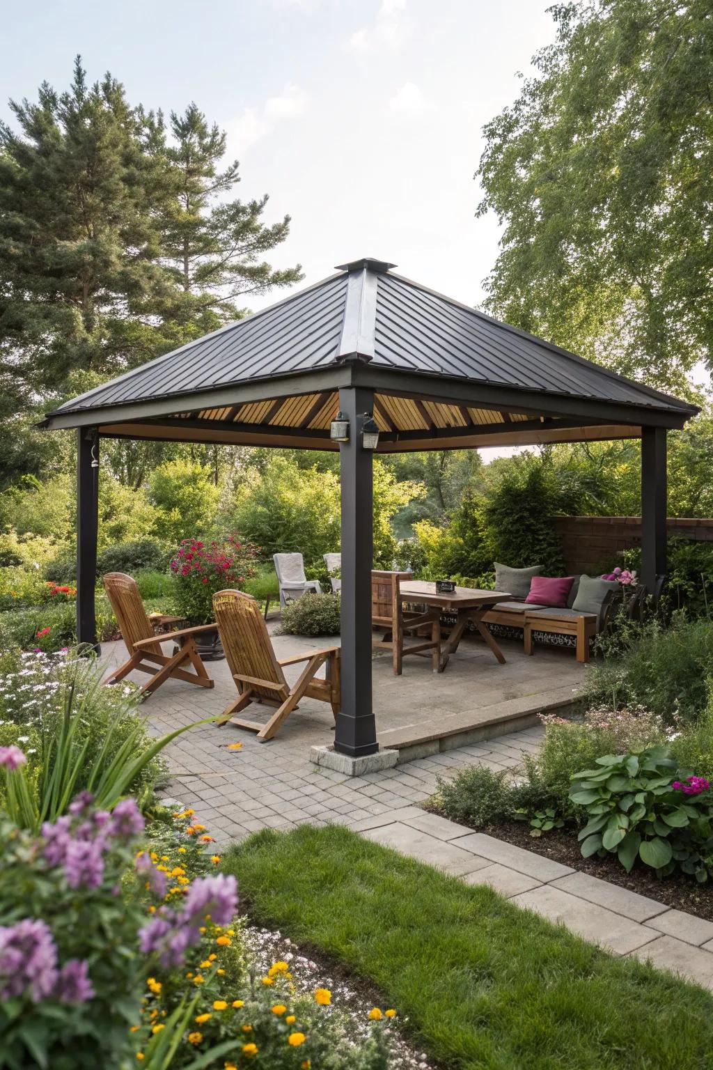 A gazebo with a slat roof, presenting adaptable shade and sunlight.
