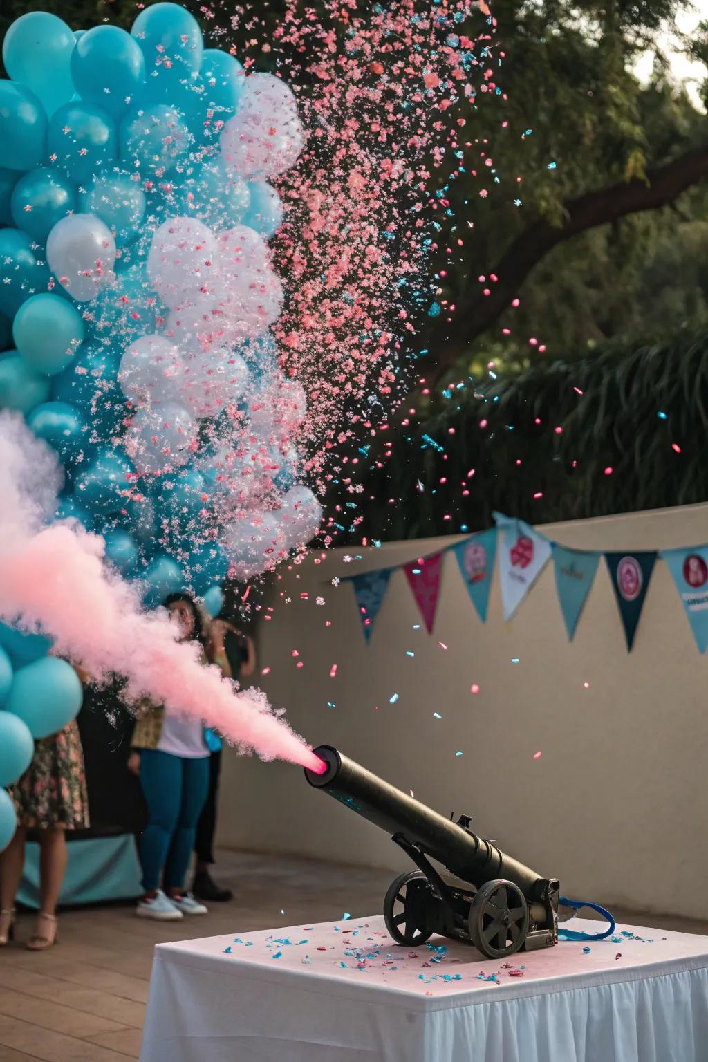 A confetti cannon adds excitement to the gender reveal moment.