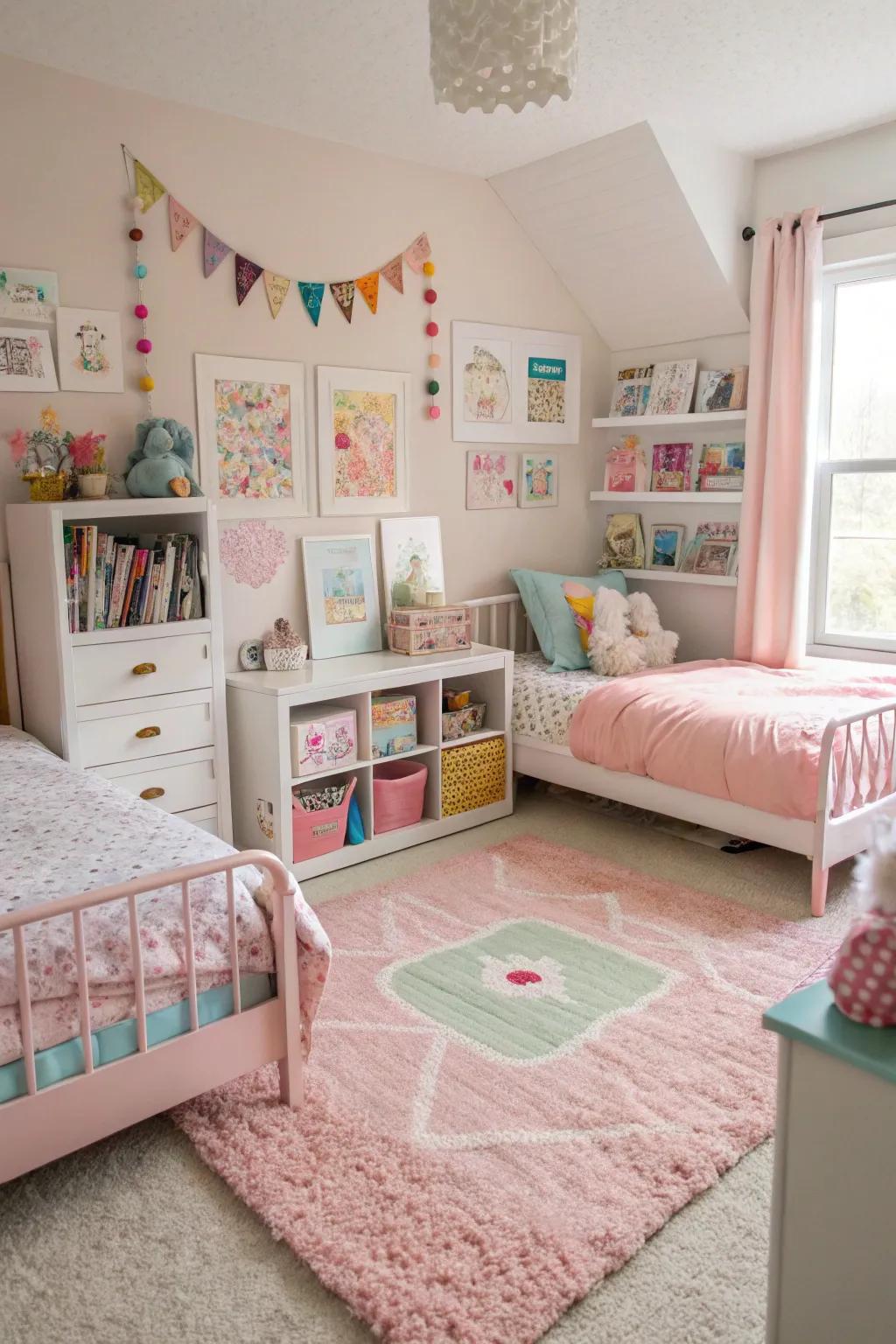 Soft rugs add warmth and help define spaces in a shared bedroom.