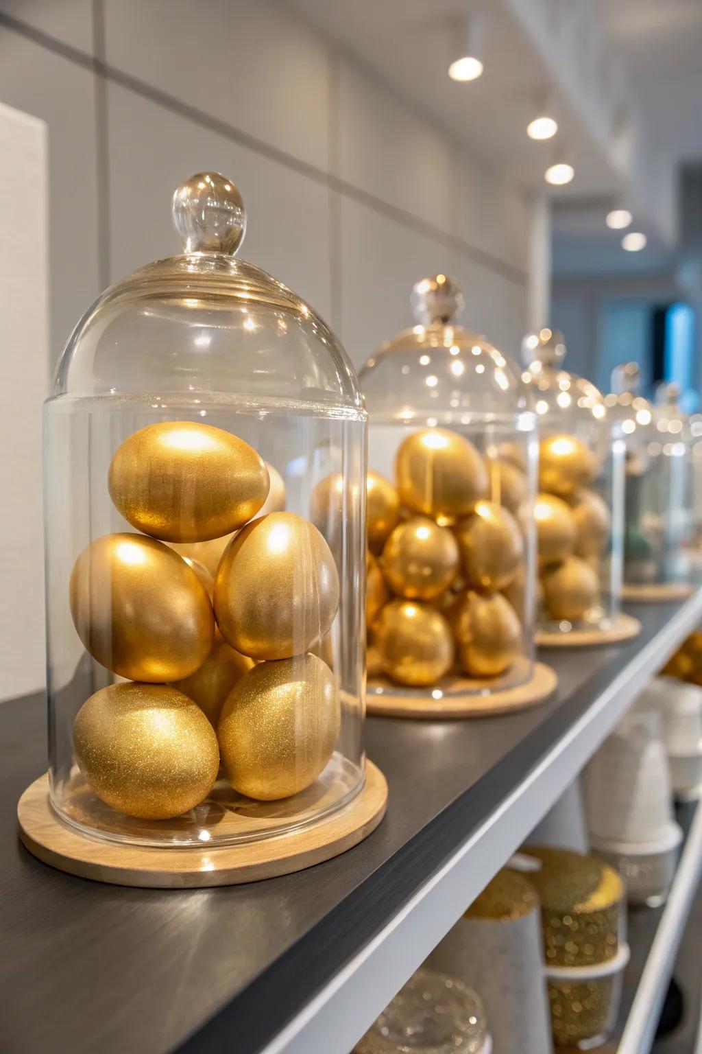Gilded eggs in glass vessels introduce a hint of contemporary refinement to your décor.
