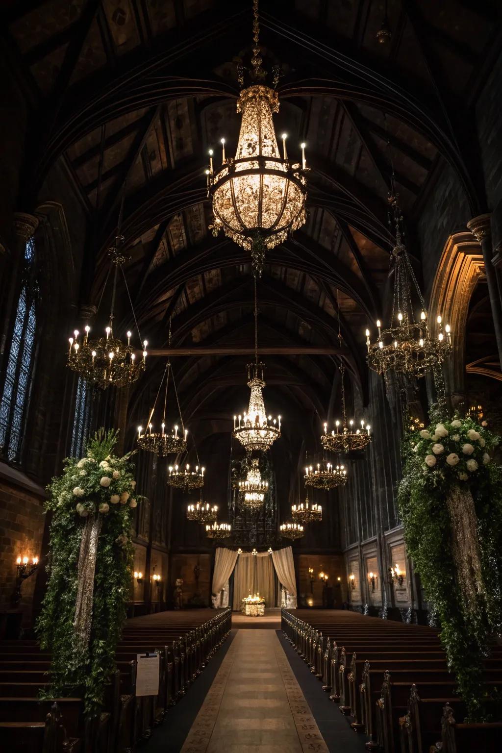 A Gothic wedding scene featuring chandeliers and dim lighting.
