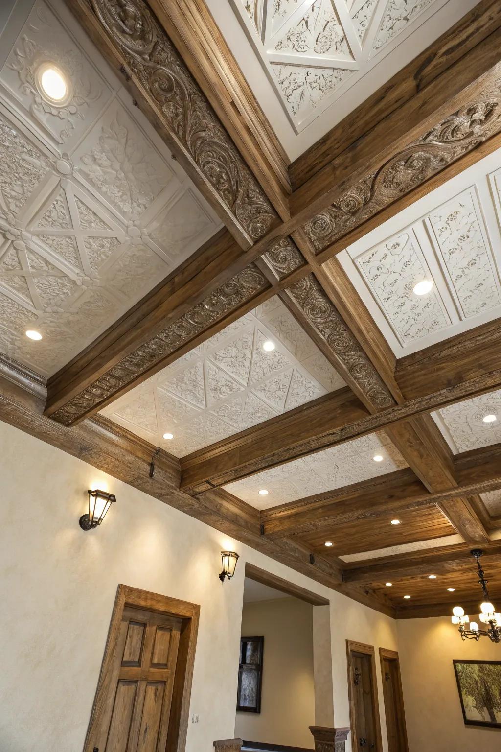 Contrasting textures add depth and visual interest to ceilings.