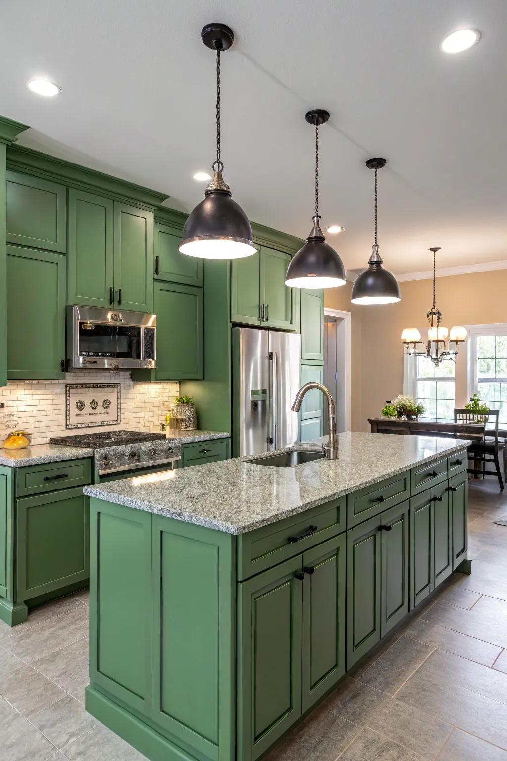 Stylish drop lighting adding a modern touch to a green kitchen.