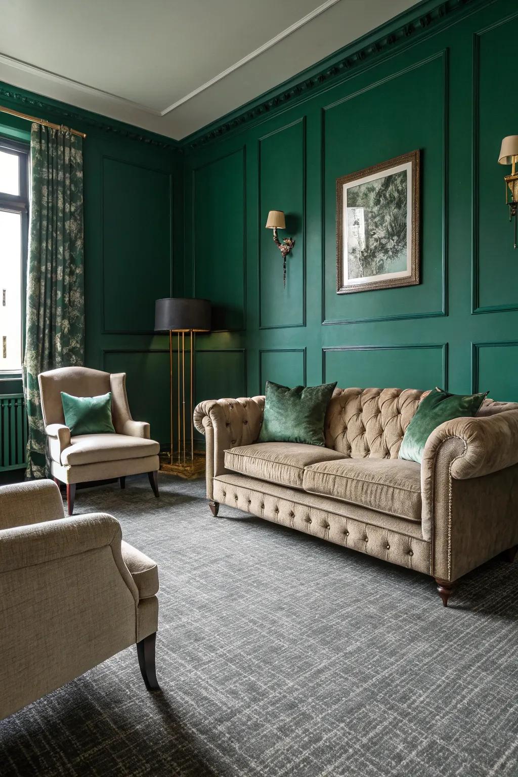 Emerald-toned walls exude luxury with gray carpets.