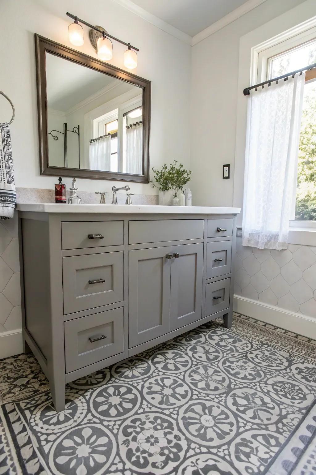 Patterned flooring adds character and complements the grey vanity.