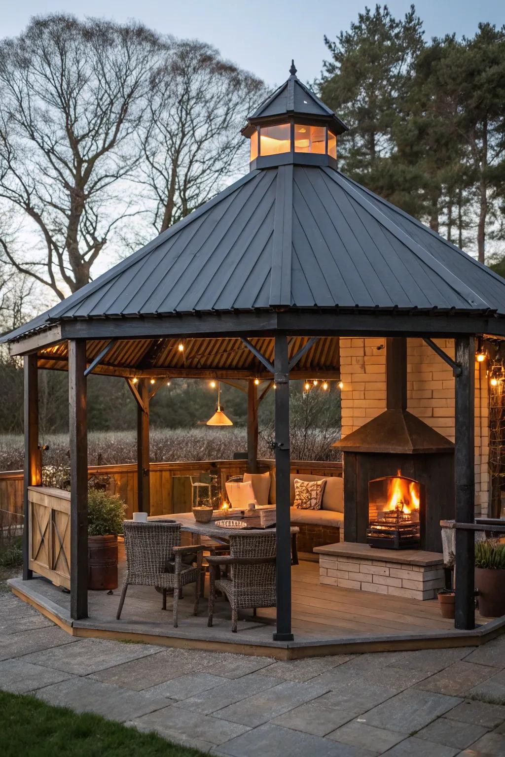 A grill hut with a sturdy roof, perfect for all-year usage.