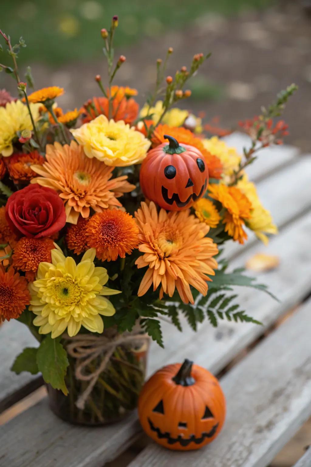 Miniature Jack-o'-Lanterns add a festive flair to floral arrangements.