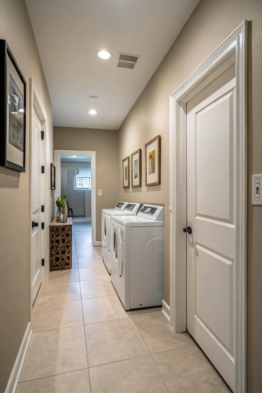 Neutral shades foster a peaceful and spacious atmosphere in a hallway laundry area.