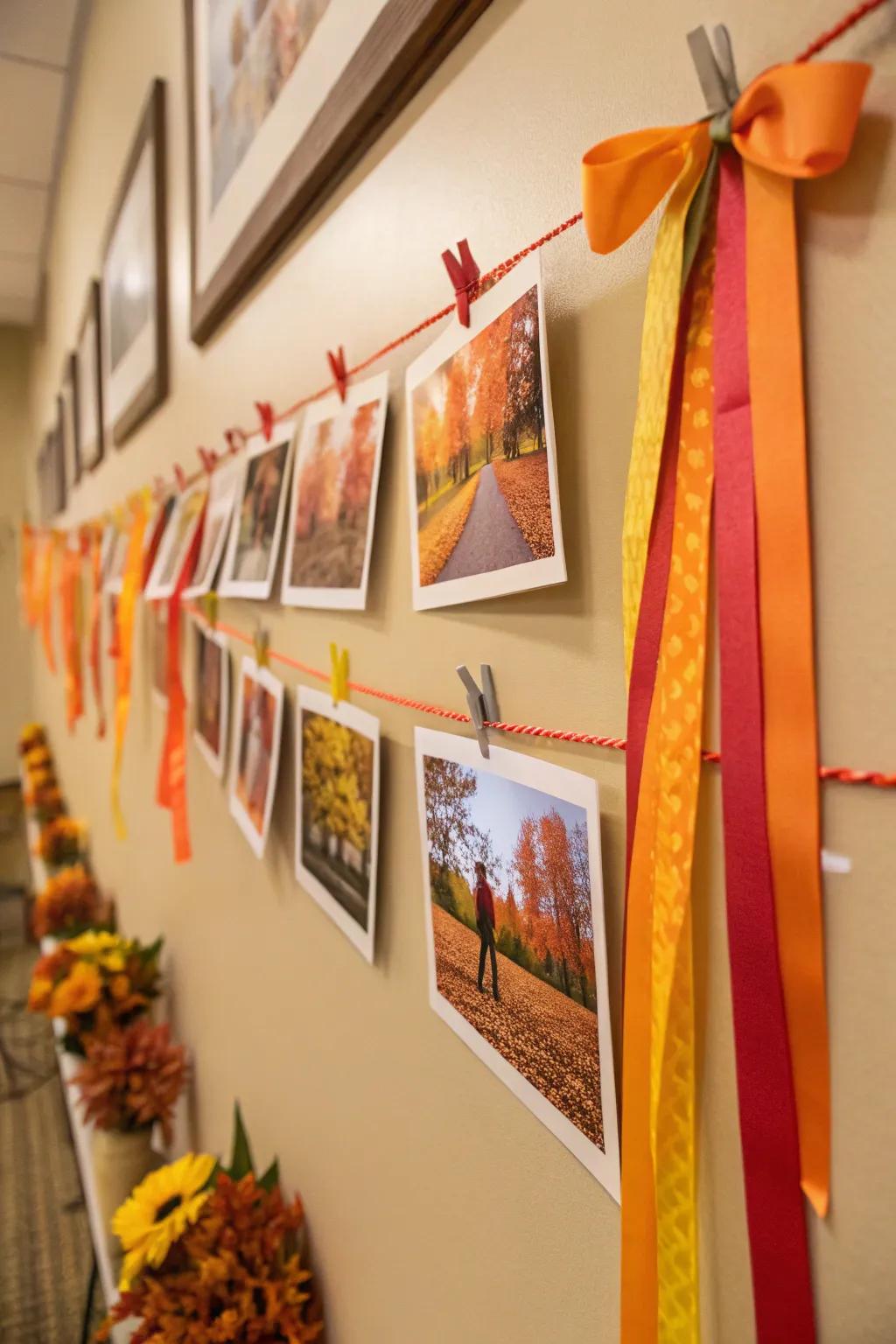 A seasonal touch with fall-colored ribbons enhancing picture displays.