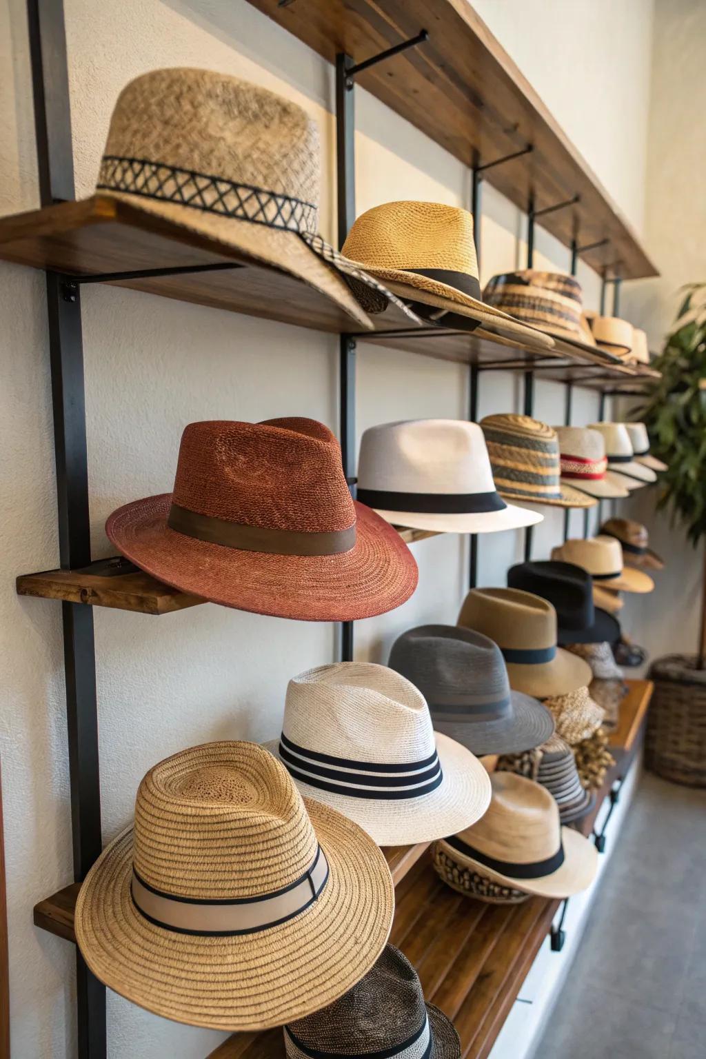 Drifting shelves offer a tidy and contemporary means to exhibit hats.