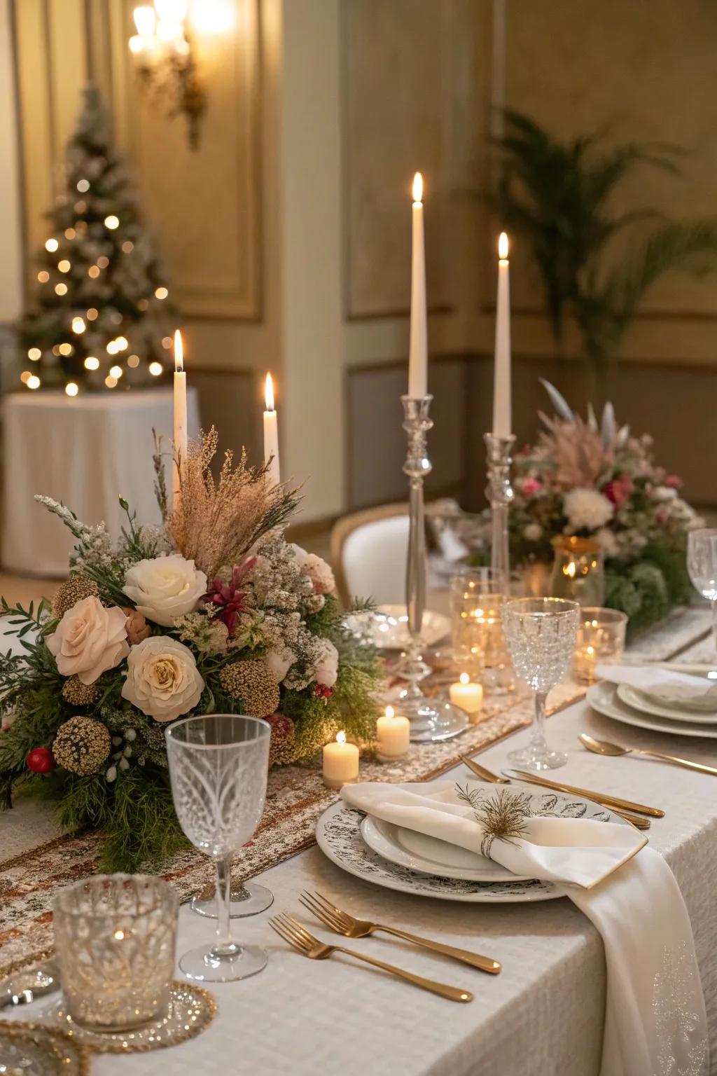 Create an inviting atmosphere with a festive dining display.