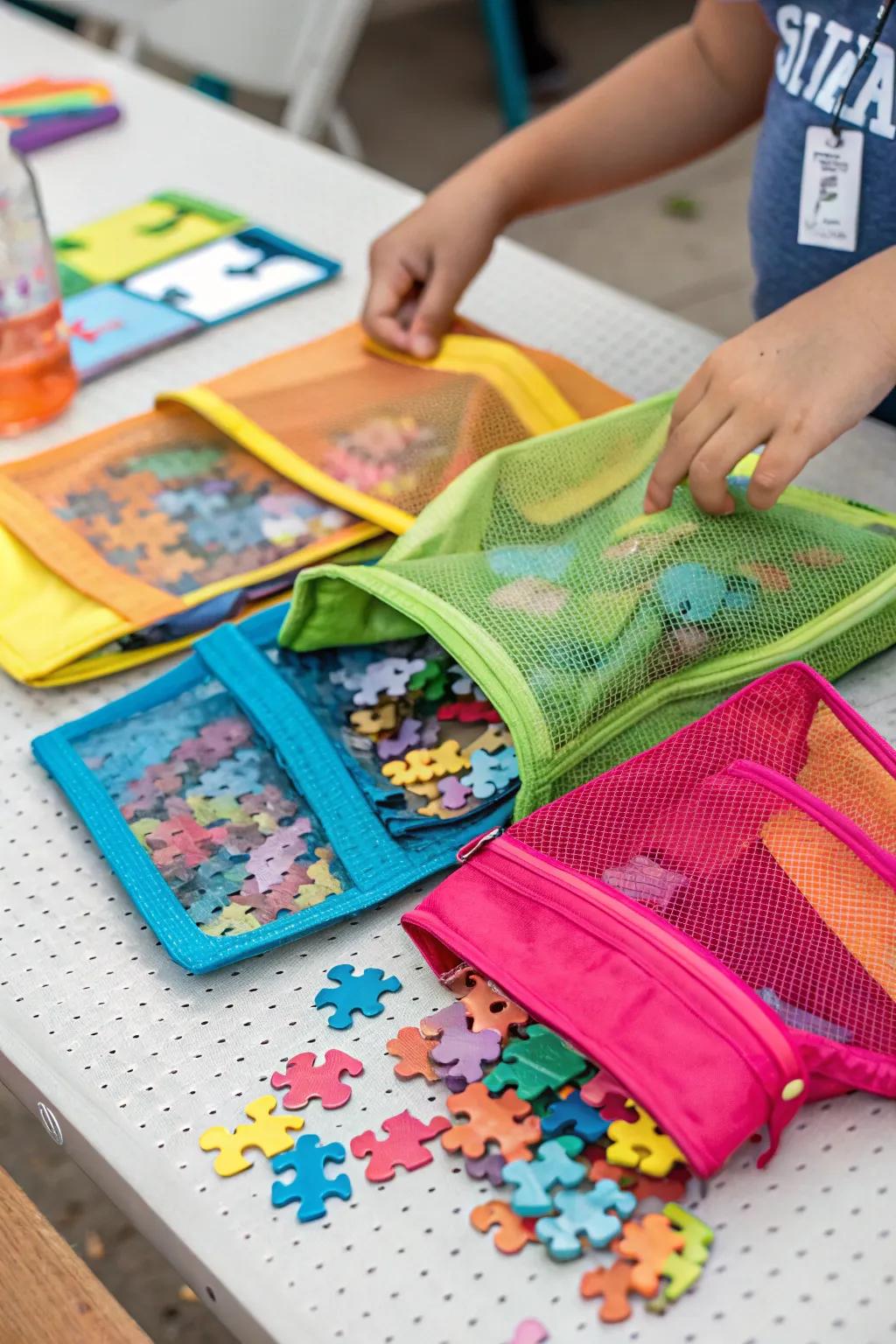Mesh pouches organizing puzzle pieces efficiently.