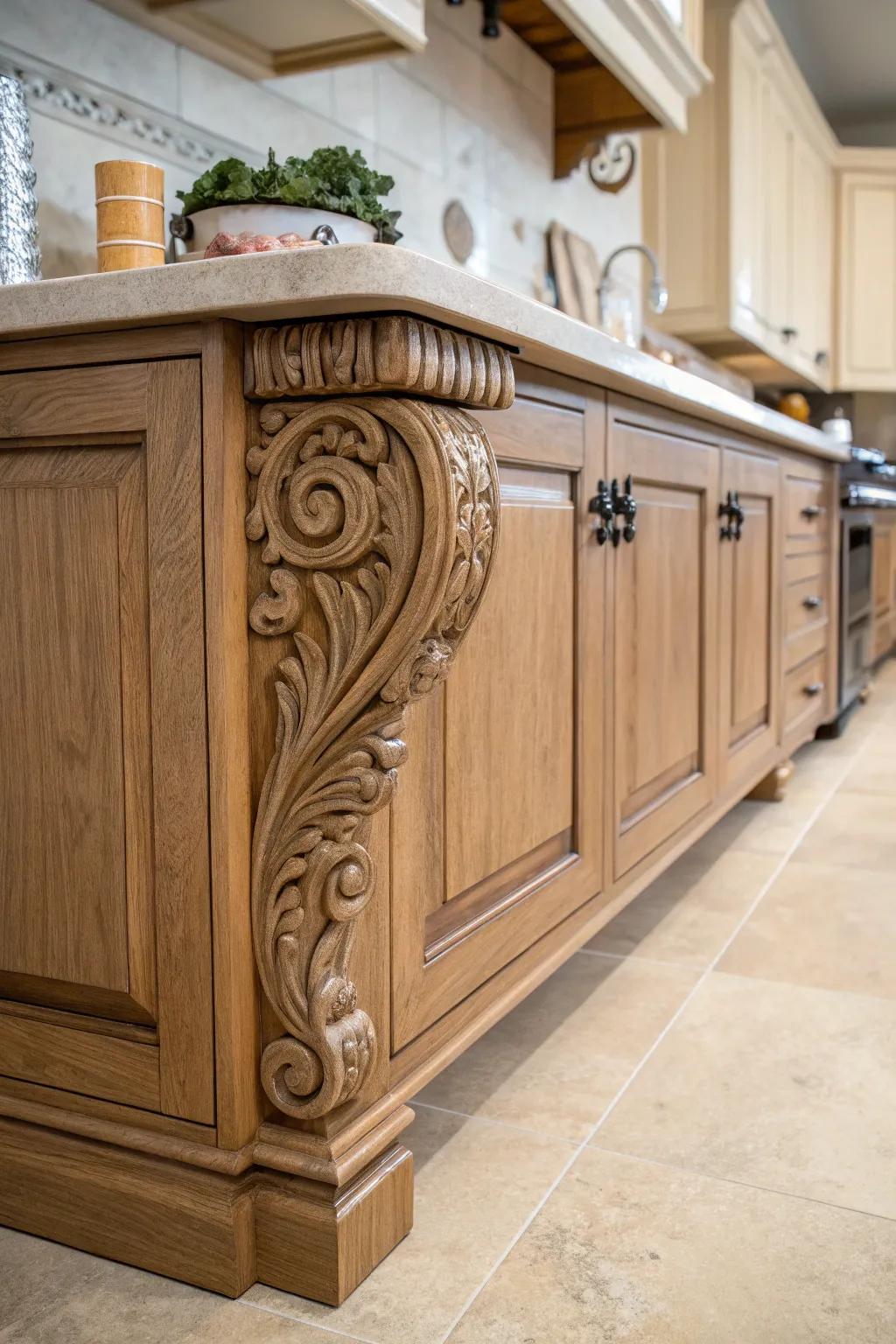 Corbels impart vintage allure and support to cabinetry.