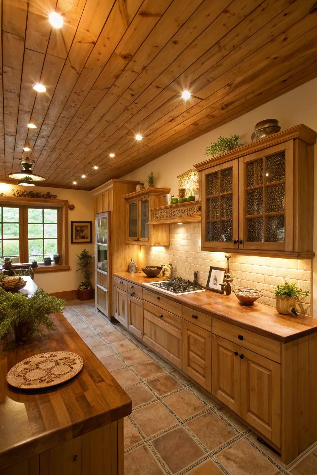 Incorporate warmth with a beautifully paneled wood ceiling.