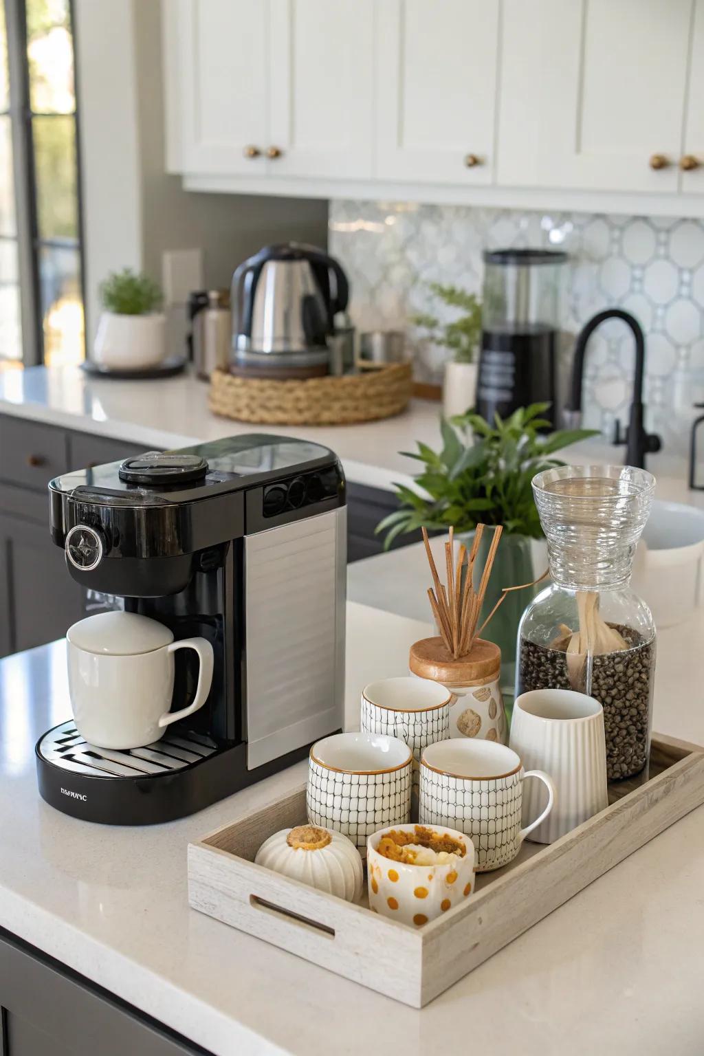 A caffeination nook integrates fashion and utility into your kitchen.