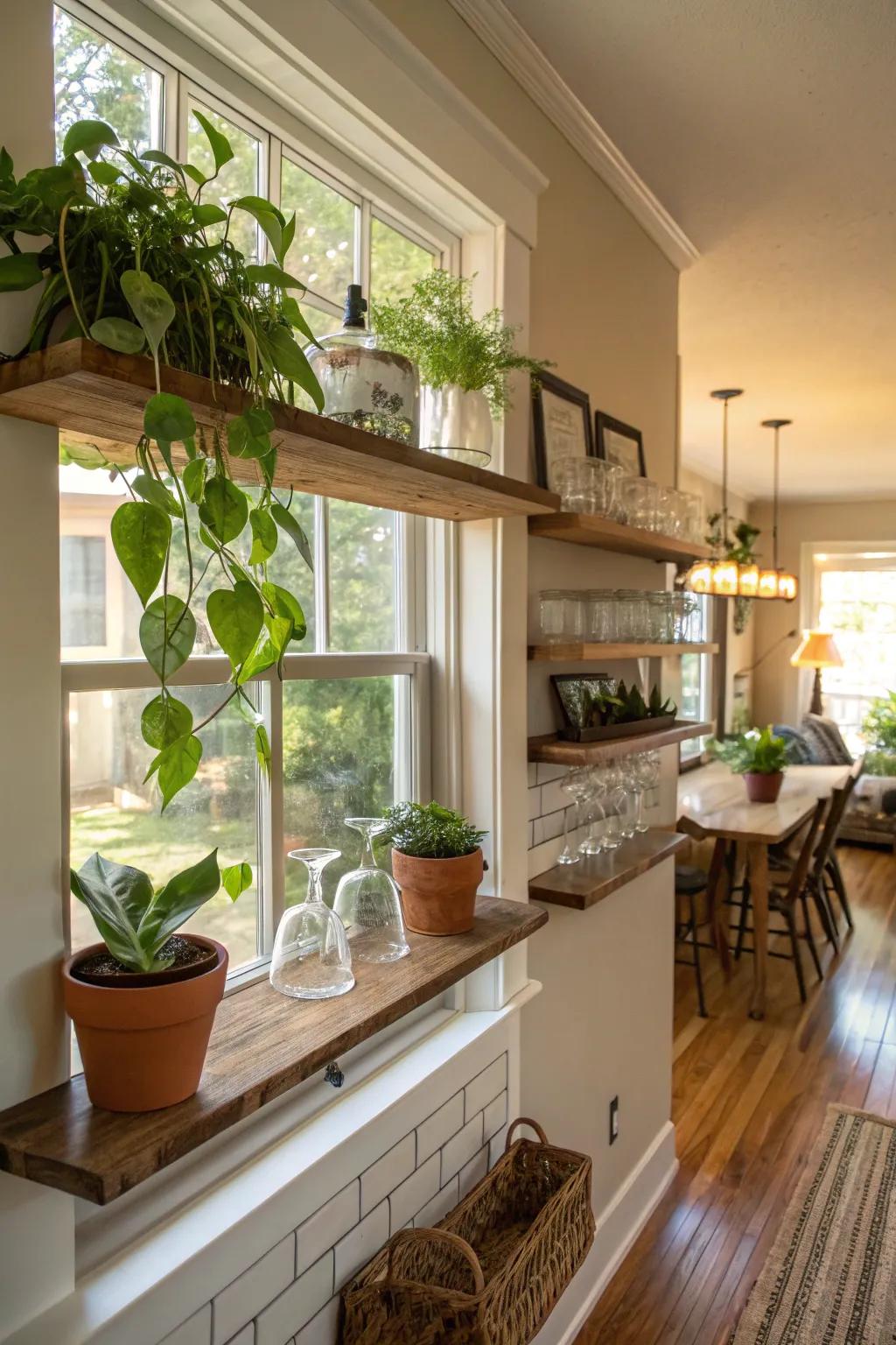 Shelves across windows maximize light and space beautifully.